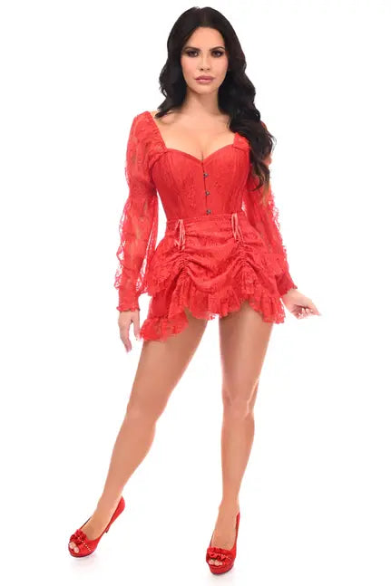 Top Drawer 2 PC Red Lace Steel Boned Corset & Skirt Set Daisy Corsets