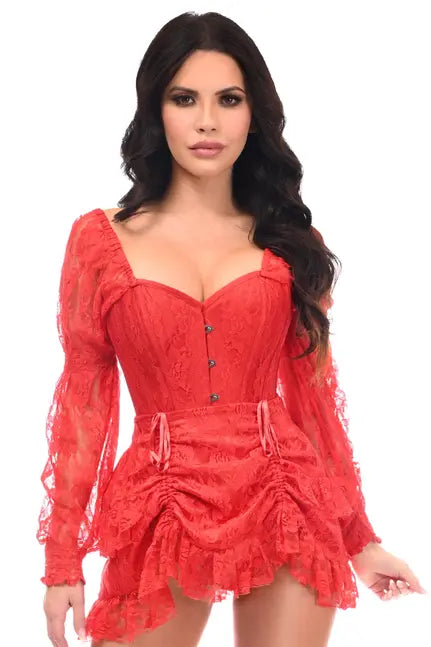 Top Drawer 2 PC Red Lace Steel Boned Corset & Skirt Set Daisy Corsets