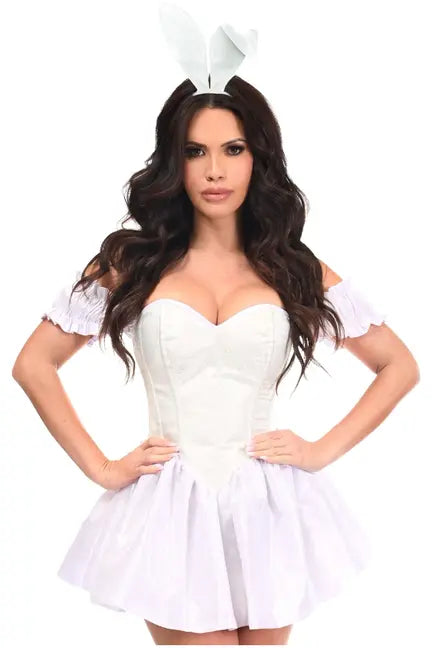 White lace-up corset dress with off-the-shoulder sleeves and bunny ears headband, perfect for playful costume parties.