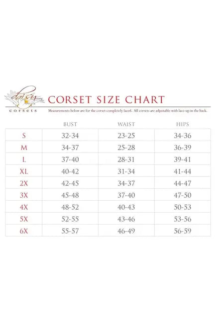 Corset size chart with measurements for S-6X, featuring a clean design in white background with red accents.
