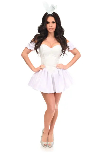 White corset dress with puff sleeves and a flared skirt, perfect for a playful costume or themed event.