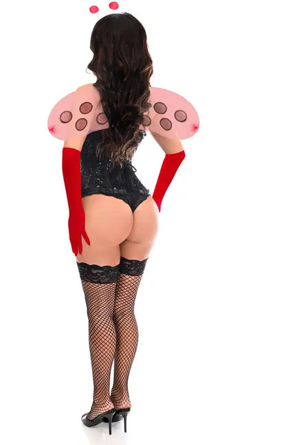 Black lace bodysuit with red ladybug wings, red gloves, and fishnet stockings, featuring a playful and flirty style.