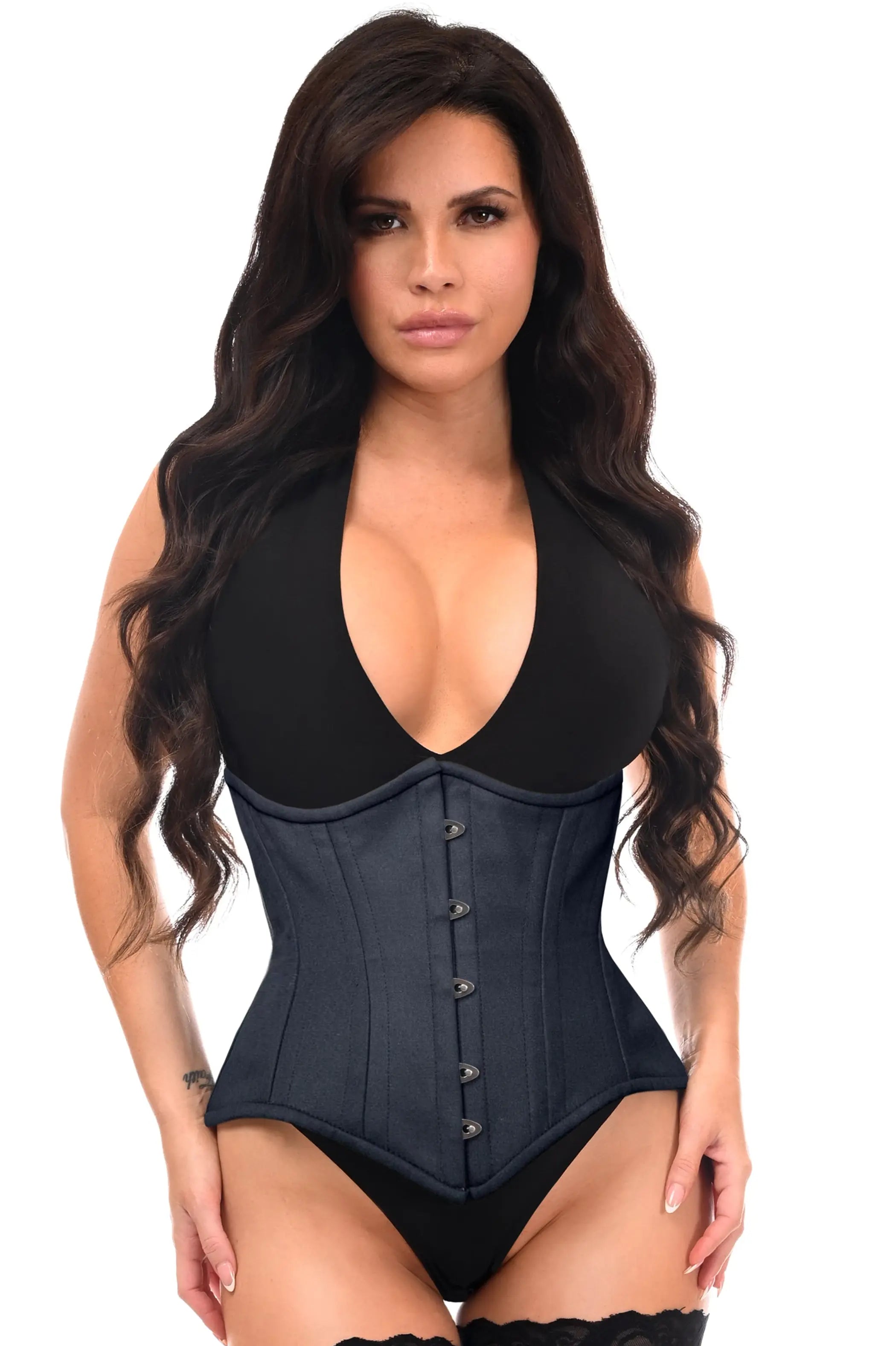 Top Drawer Black Cotton Double Steel Boned Waist Training Corset Cincher Daisy Corsets