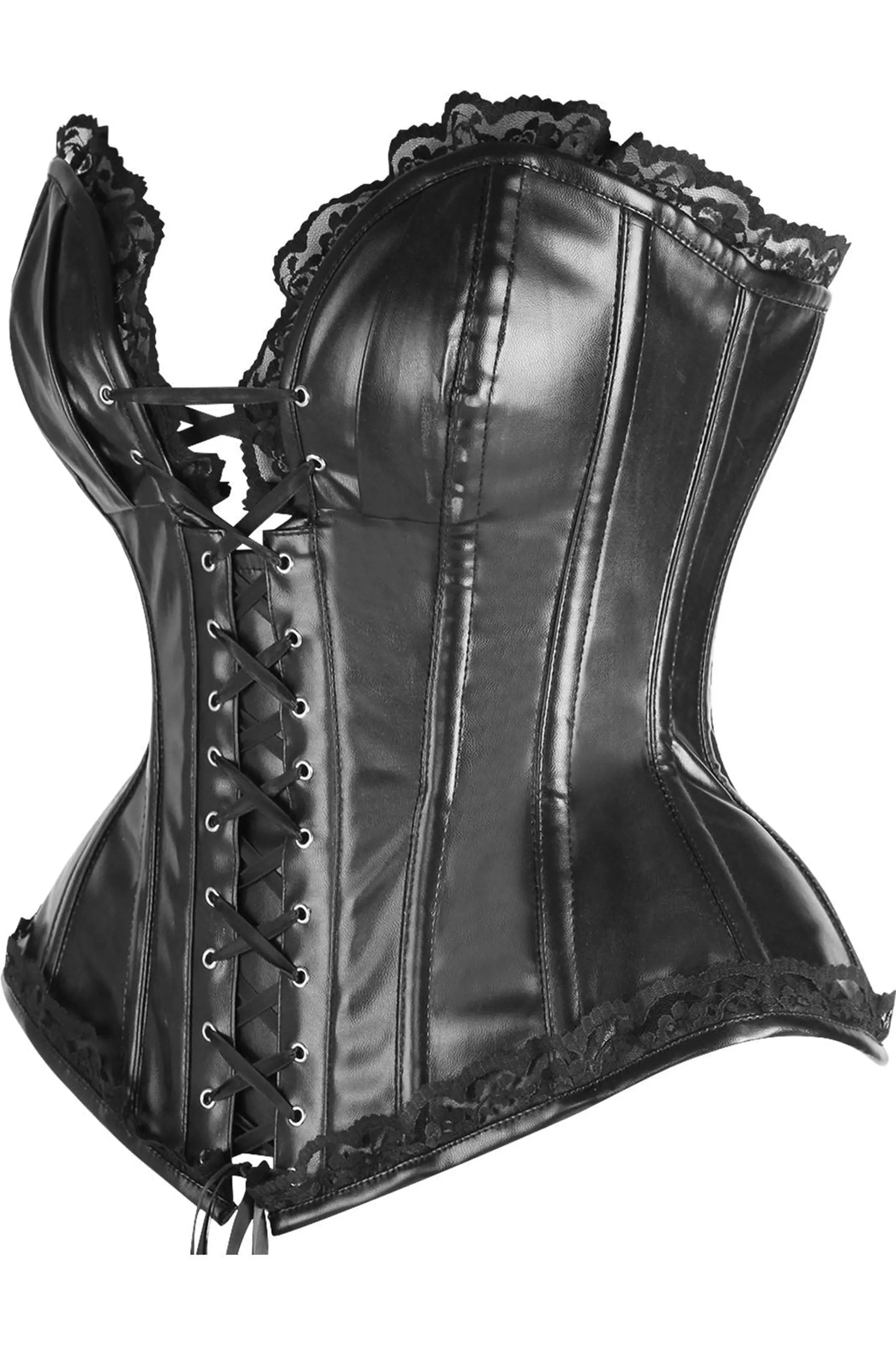 Top Drawer Black Faux Leather & Lace Trim Steel Boned Corset Daisy Corsets