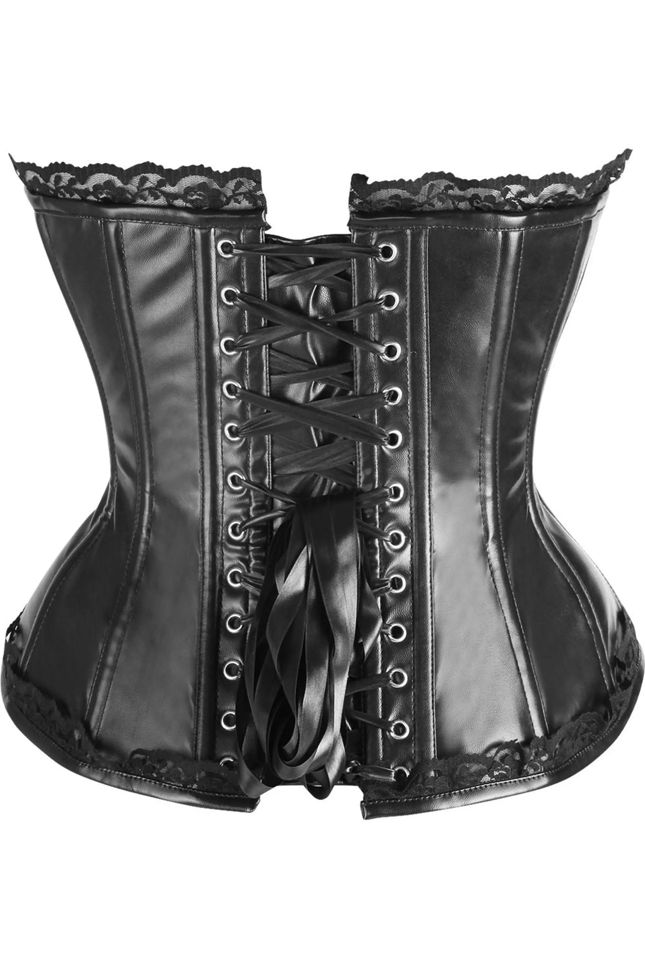 Top Drawer Black Faux Leather & Lace Trim Steel Boned Corset Daisy Corsets