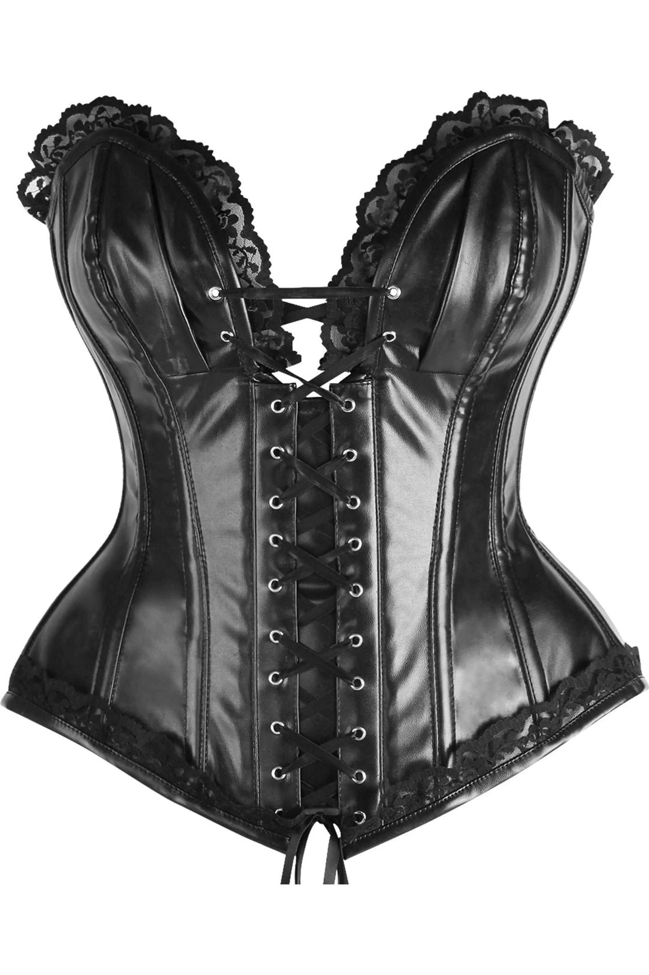 Top Drawer Black Faux Leather & Lace Trim Steel Boned Corset Daisy Corsets