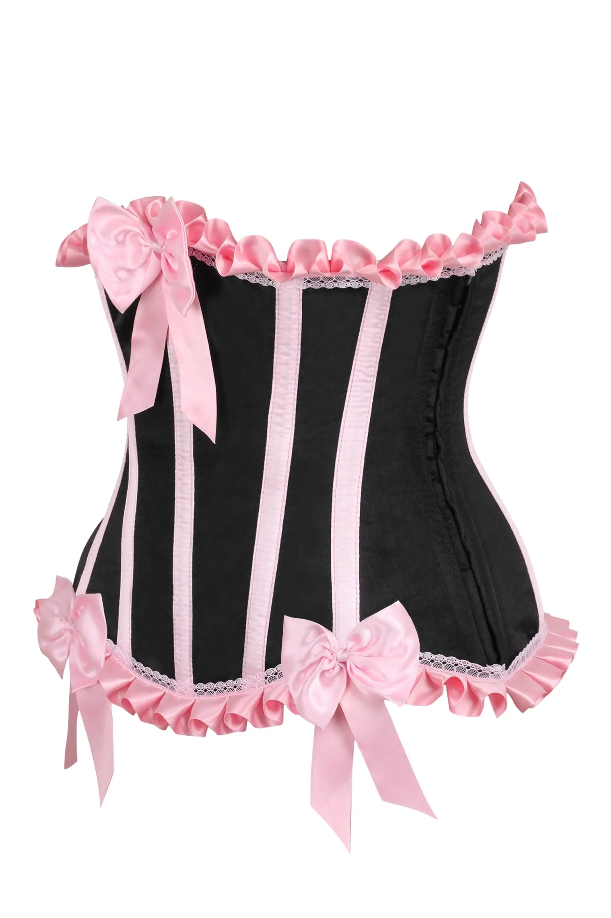 Black satin corset with pink satin bows and ruffles, featuring a vintage-inspired design and lace trim.