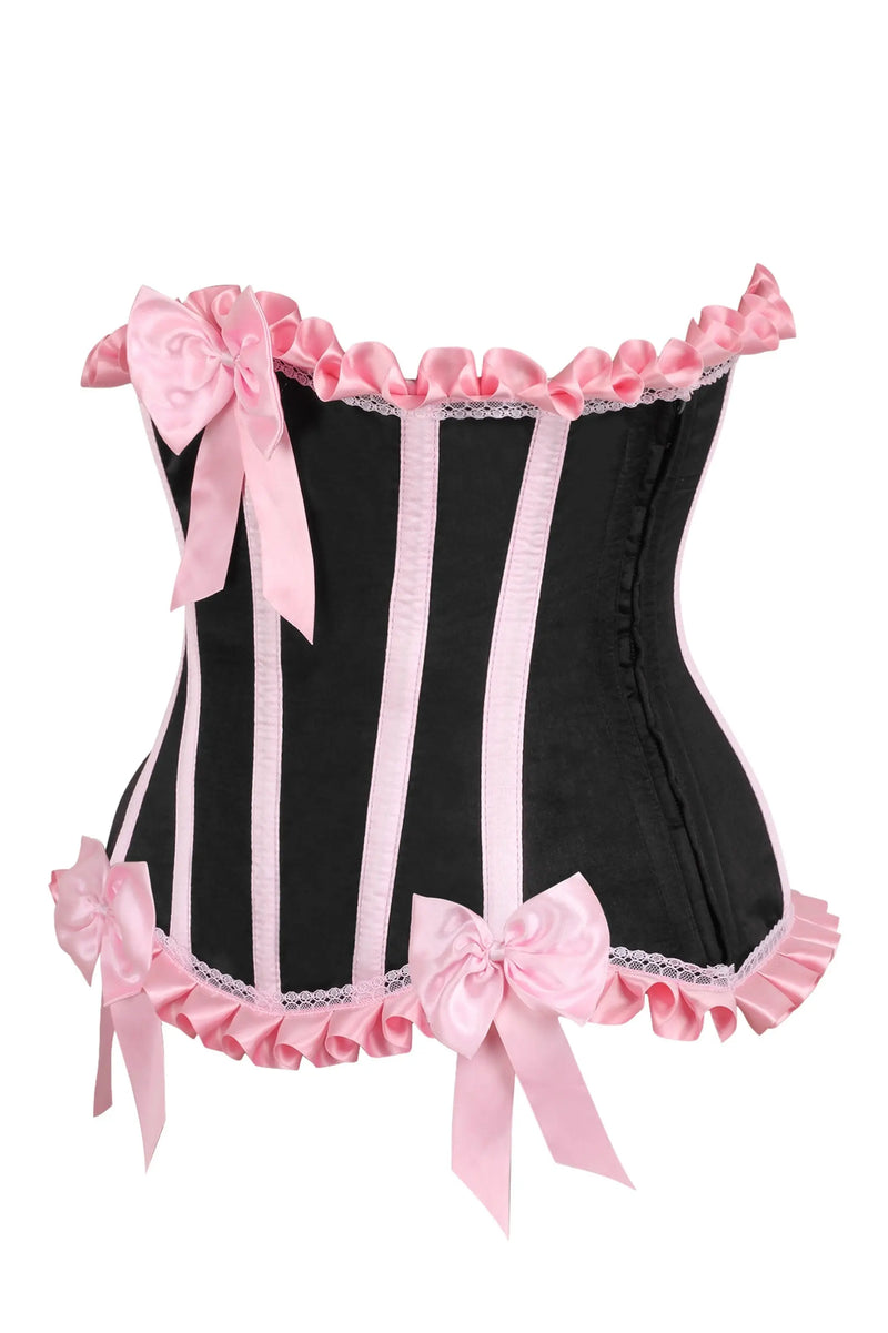 Black satin corset with pink satin bows and ruffles, featuring a vintage-inspired design and lace trim.