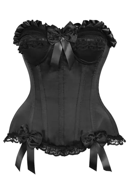 Black satin corset with lace trim, ruffles, and bow details for a romantic lingerie style.