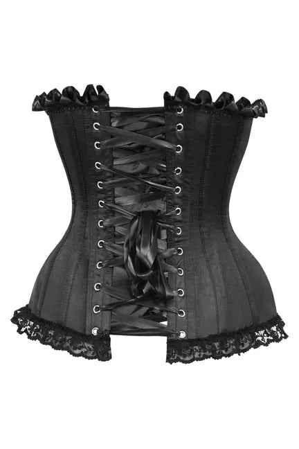 Black satin corset with lace trim and ruffled edges, featuring a lace-up back for an elegant silhouette.