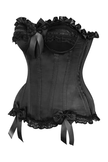 Black satin corset with lace trim, ruffles, and satin bows, perfect for a vintage-inspired lingerie collection.