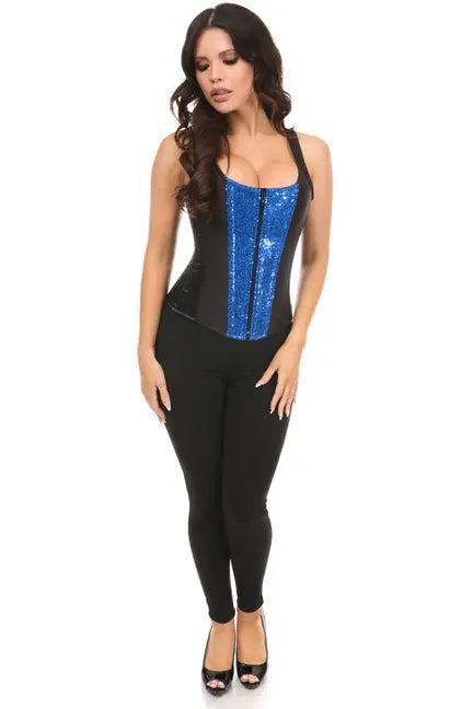 Top Drawer Black Satin & Blue Sequin Steel Boned Corset with Straps Daisy Corsets