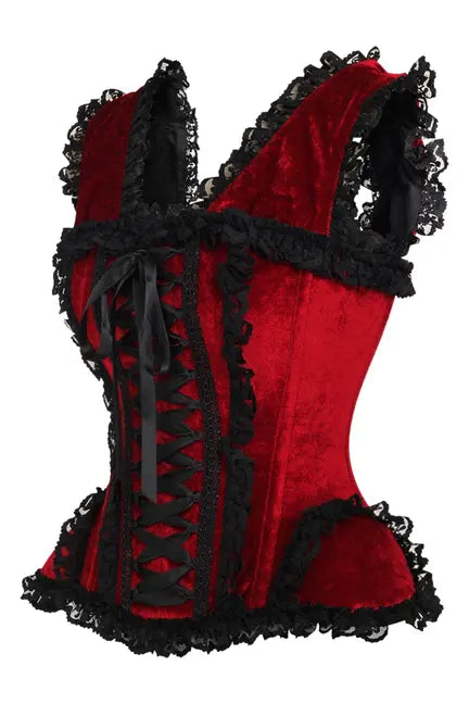 Top Drawer Dark Red Velvet & Lace Steel Boned Corset with Cap Sleeves Daisy Corsets