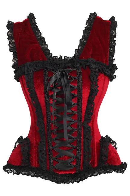 Top Drawer Dark Red Velvet & Lace Steel Boned Corset with Cap Sleeves Daisy Corsets