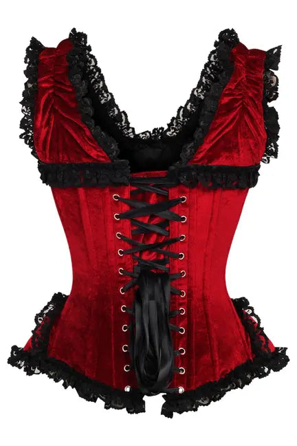 Top Drawer Dark Red Velvet & Lace Steel Boned Corset with Cap Sleeves Daisy Corsets