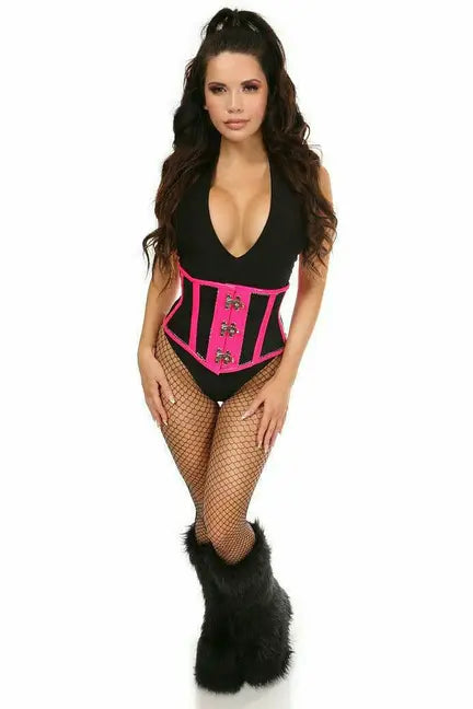 Top Drawer Patent & Fishnet Steel Boned Mini Cincher with Clasps Daisy Corsets