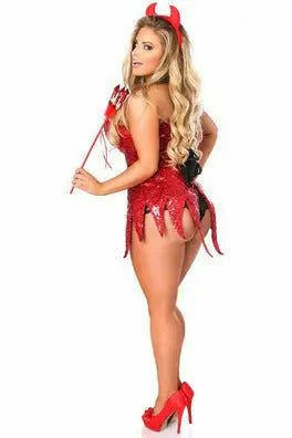 Red sequin devil costume with horn headband and tail, featuring a playful fringe design and matching red high heels.