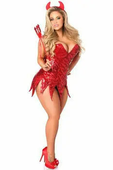 Red sequin devil costume with plunging neckline, devil horns, and matching red heels. Perfect for Halloween parties.