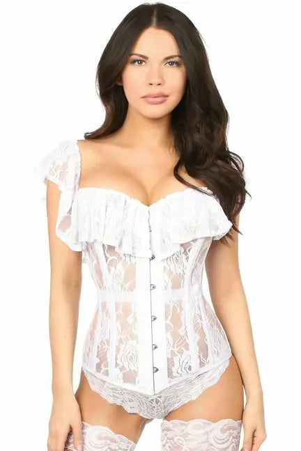 White lace corset with ruffled sleeves and button closure, perfect for elegant lingerie styling.