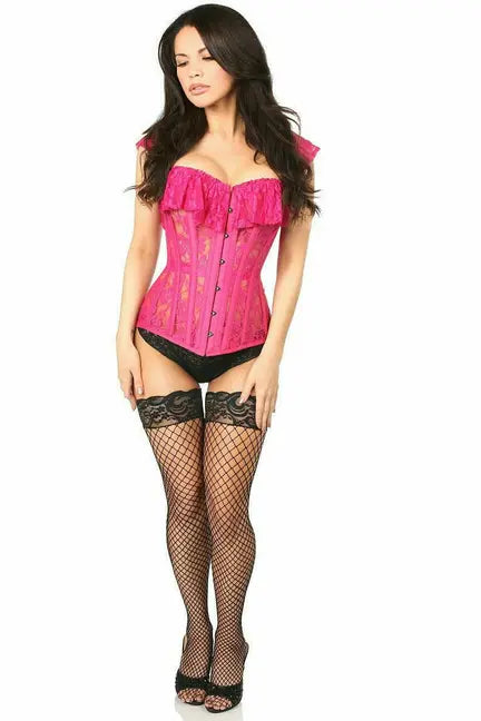Pink lace corset with ruffle detailing, paired with black fishnet stockings and high heels for a seductive look.