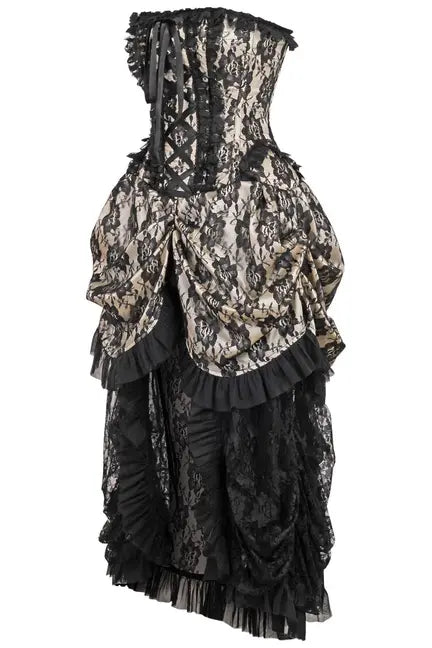 Top Drawer Steel Boned Cream w/Black Lace Bustle Corset Dress Daisy Corsets
