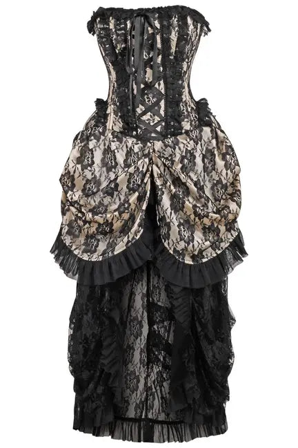 Top Drawer Steel Boned Cream w/Black Lace Bustle Corset Dress Daisy Corsets