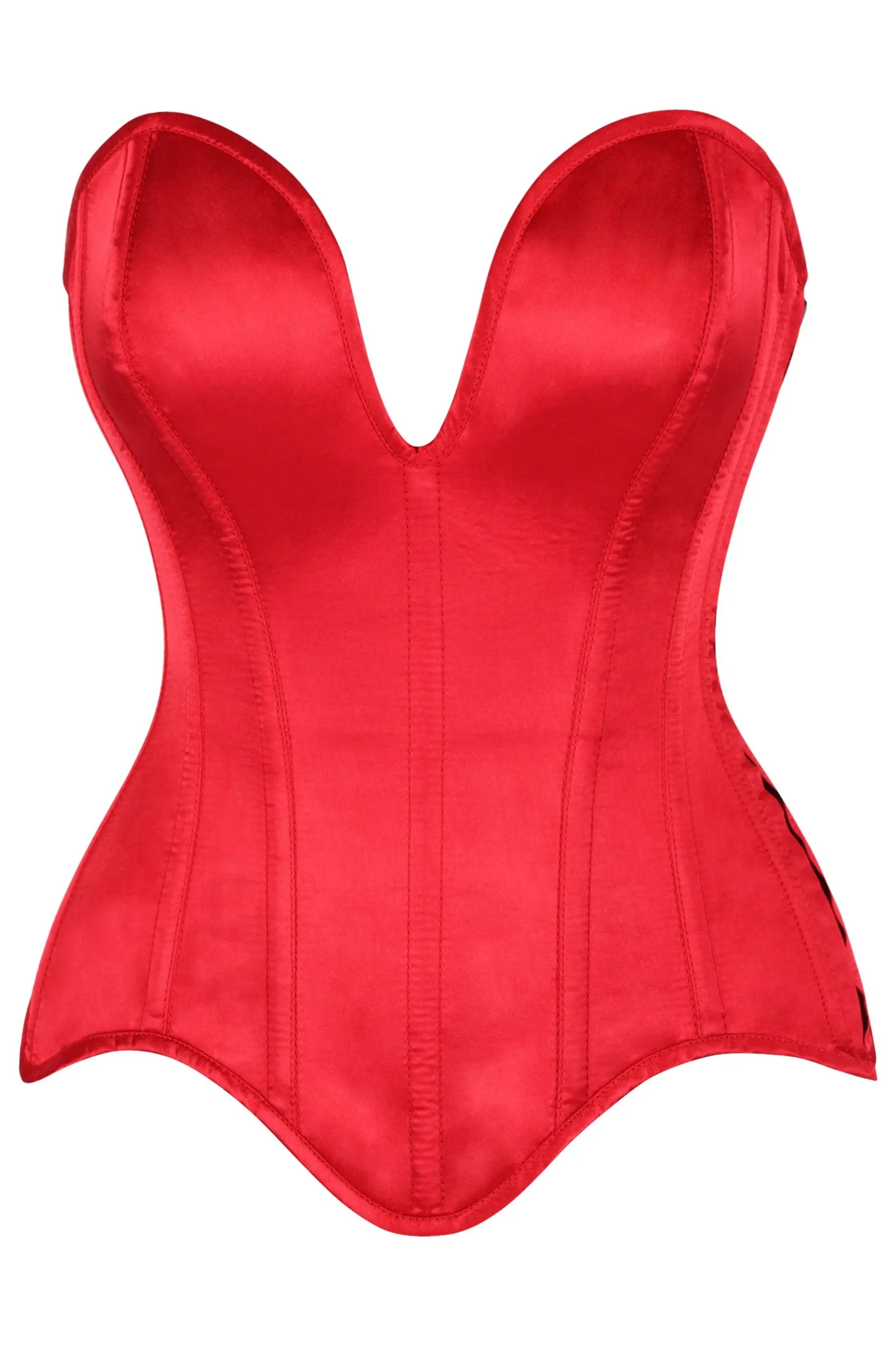 Top Drawer Steel Boned Red Satin Plunge Neckline Overbust Corset Daisy Corsets