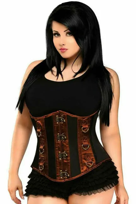 Black and copper satin corset with lace-up front and ruffled hem, perfect for a stylish gothic or steampunk look.