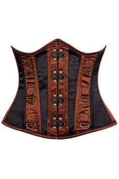 Brown satin corset with black accents, featuring a structured design and gold-tone buckle details. Perfect for vintage style.