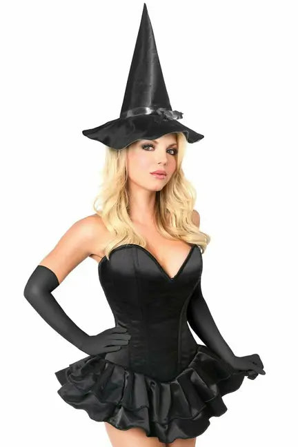 Black witch costume with a fitted corset, ruffled skirt, long gloves, and a pointed hat, perfect for Halloween.