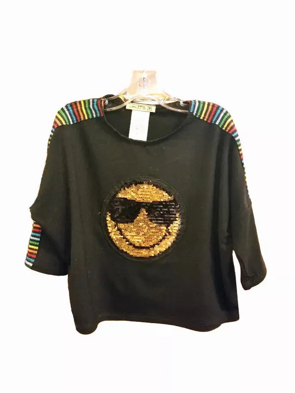 Top With Stripe Insert And Sequin Smiley Patch Little Mass