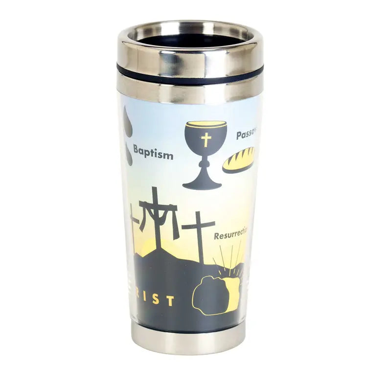 Colorful stainless steel travel mug featuring religious icons like crosses and chalice, perfect for faith-inspired beverages.
