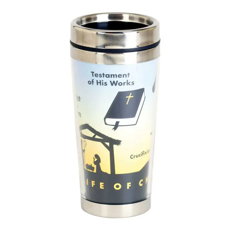 Stainless steel travel mug featuring sunset design with biblical theme, blue and yellow colors, and black text.