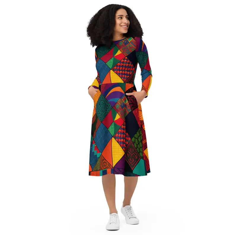 Trendy Long Sleeve African Print Patchwork Midi Dress with Pockets Adirelounge