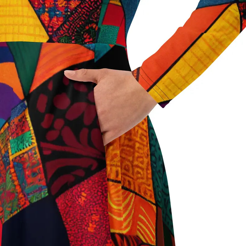 Trendy Long Sleeve African Print Patchwork Midi Dress with Pockets Adirelounge