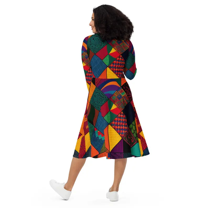 Trendy Long Sleeve African Print Patchwork Midi Dress with Pockets Adirelounge