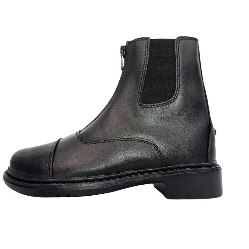 Black leather ankle boots with a side zipper and elastic panels, featuring a sleek, modern design.