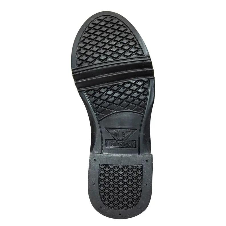 Black rubber shoe sole with textured grip and logo, designed for comfort and durability. Perfect for casual footwear.