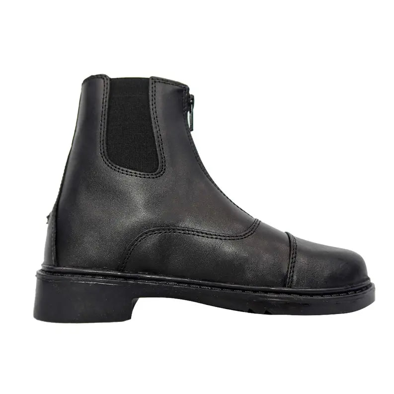 Black leather ankle boots with elastic side panels and a zipper, featuring a rounded toe and low block heel.
