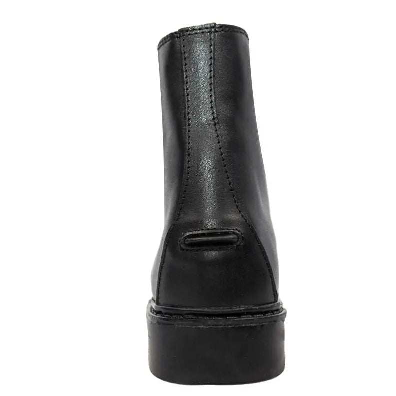 Black leather ankle boots with a smooth finish and sturdy sole, perfect for stylish casual wear.