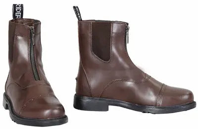 Brown leather ankle boots with side zipper and elastic panels, featuring a stylish rounded toe and durable rubber sole.