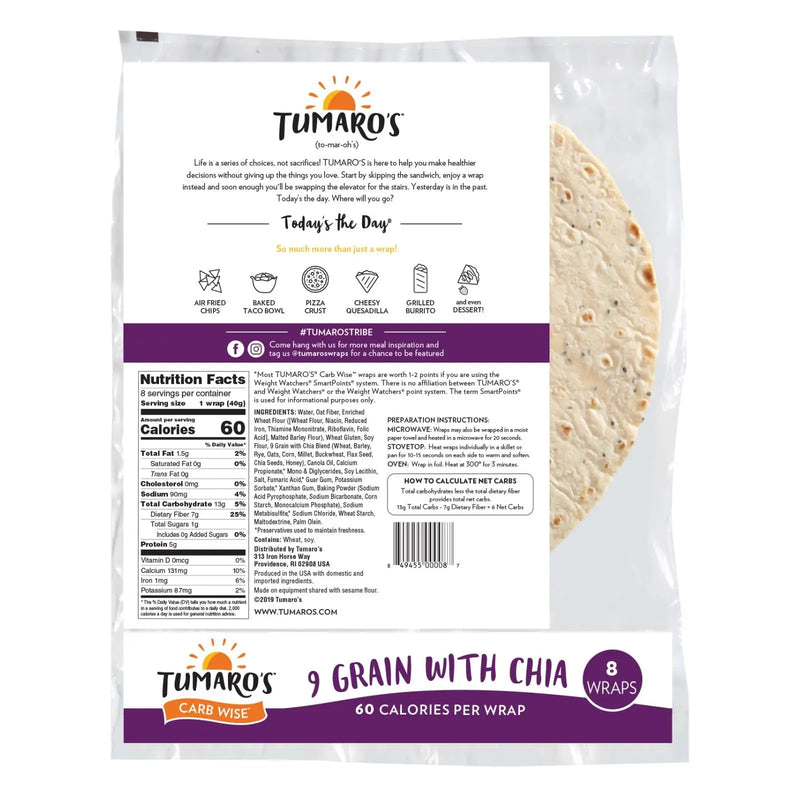Tumaro's 8-inch 9 Grains And Seeds Carb Wise Wraps - Case Of 6 - 8 Ct Tumaro's