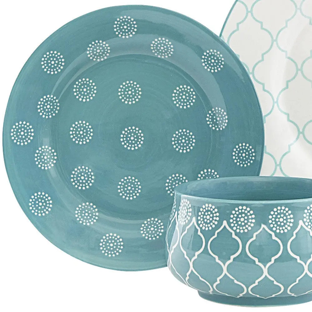 Turquoise Sixteen Piece Round Trellis Ceramic Service For Four Dinnerware Set Homeroots Kitchen & Dining