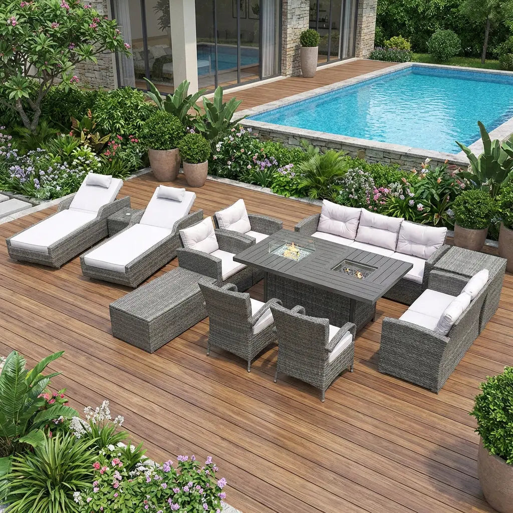 Twelve Piece Gray Wicker Multiple Chairs Seating Group With Fire Pit And Table Homeroots Outdoor