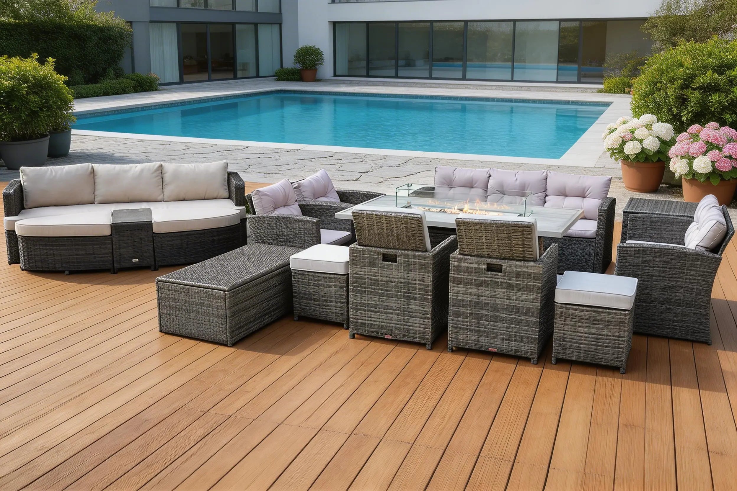 Twelve Piece Gray Wicker Multiple Chairs Seating Group With Fire Pit And Table Homeroots Outdoor