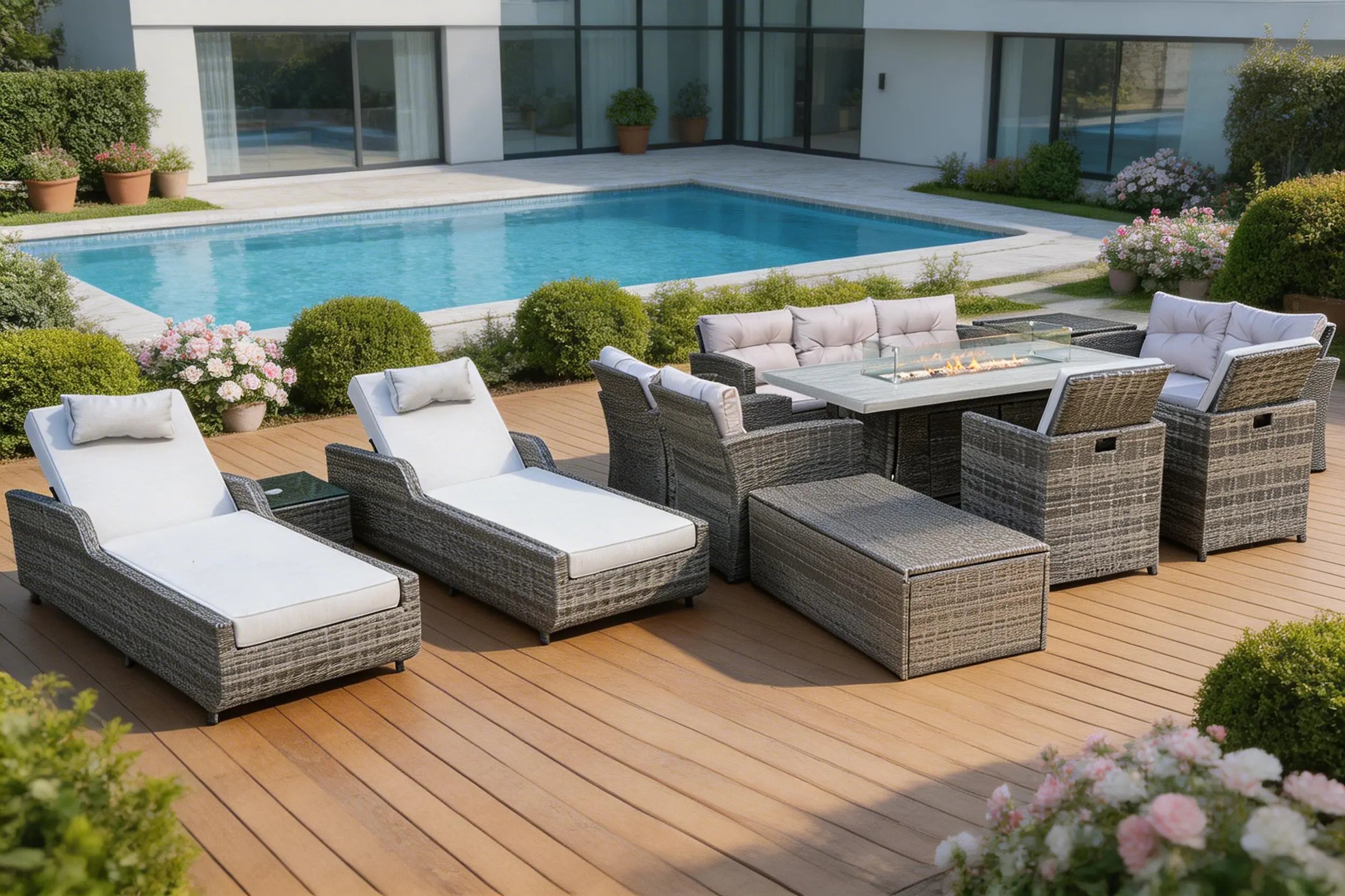 Twelve Piece Gray Wicker Multiple Chairs Seating Group With Fire Pit And Table Homeroots Outdoor
