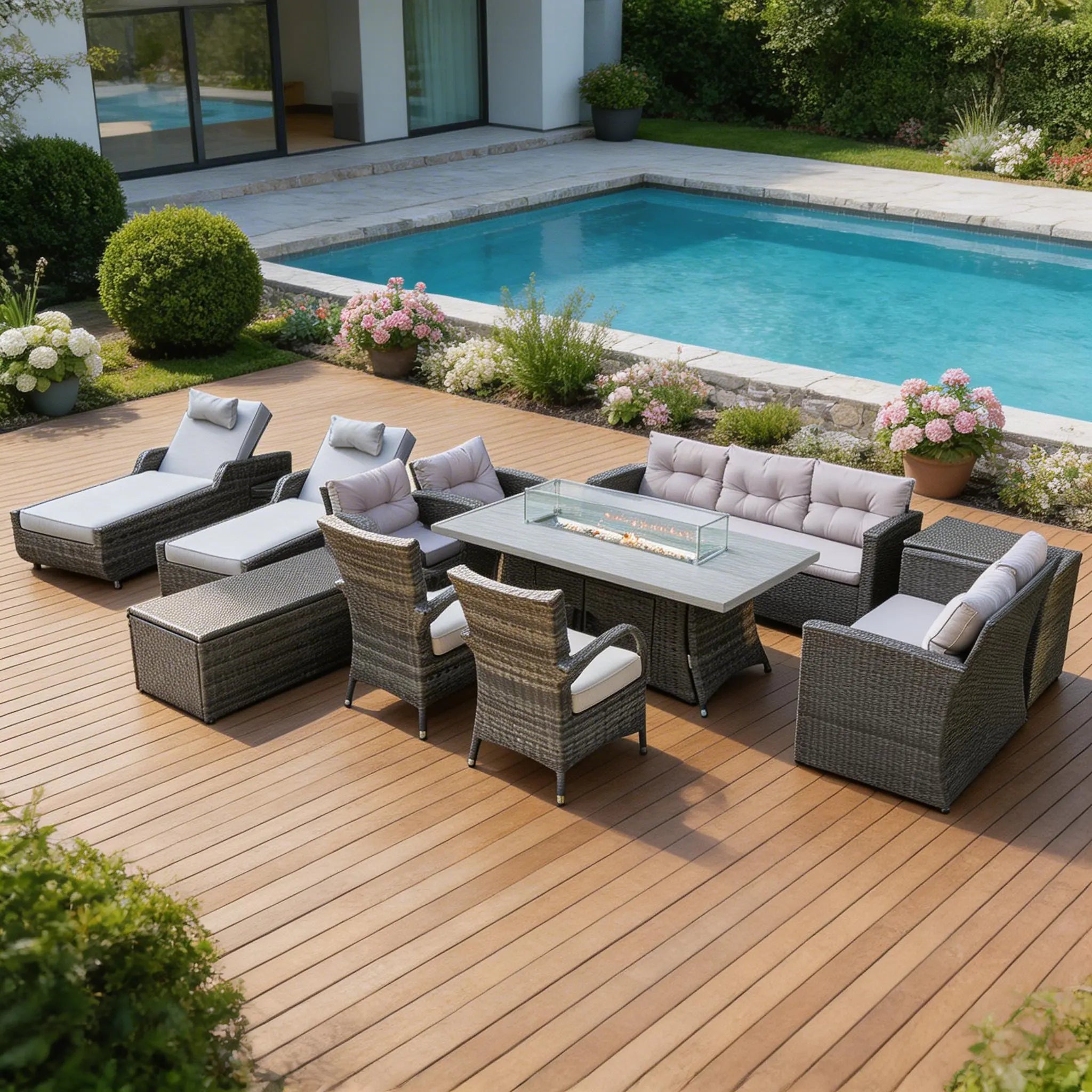 Twelve Piece Gray Wicker Multiple Chairs Seating Group With Fire Pit And Table Homeroots Outdoor