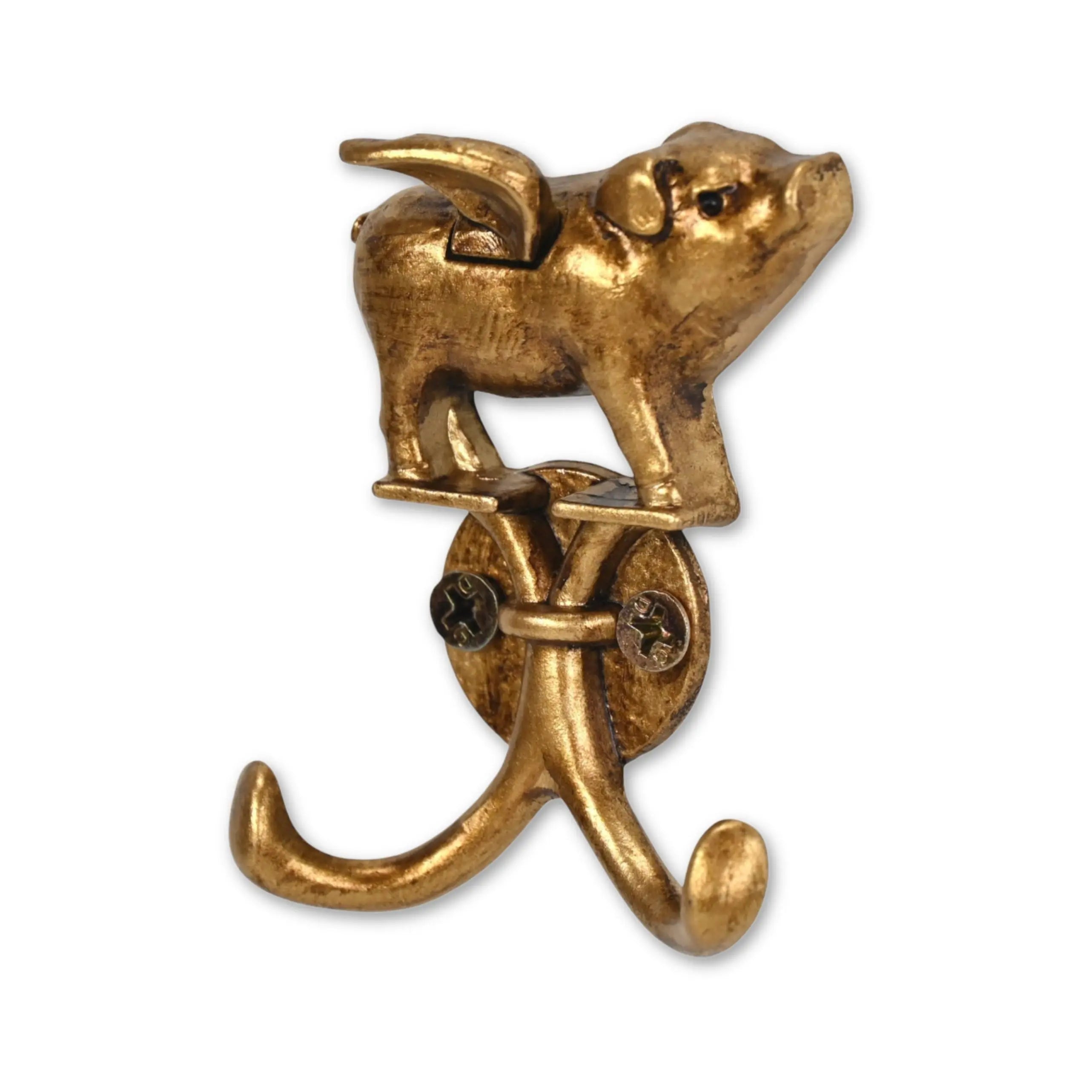 Two Hook 2" Antiqued Gold Cast Iron Pig Wall Hooks Homeroots Organization