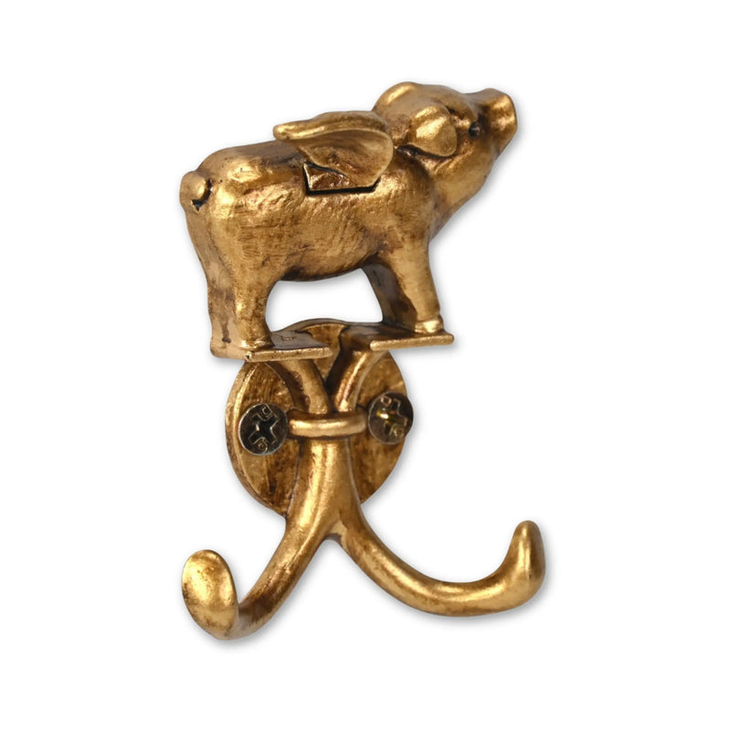 Two Hook 2" Antiqued Gold Cast Iron Pig Wall Hooks Homeroots Organization