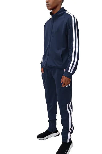 Navy blue men's track suit with white stripes, zip-up jacket, and cargo pants. Stylish athletic wear for casual outings.